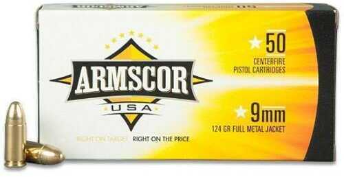 9mm Luger 124 Grain Full Metal Jacket 50 Rounds Armscor Ammunition